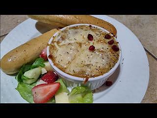 French Onion Soup, Garlic Sticks w Salad. No Meat here.