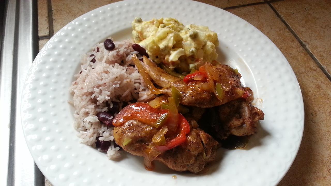 Belizean Rice N' Beans with Stewed Chicken and Potato Salad